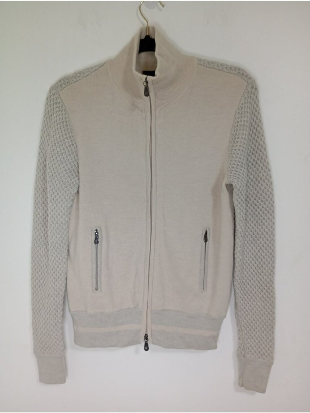 Raffi Sweaters Merino Wool Beige Knit Full-Zip Cardigan XS Mens